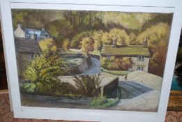 M.Groves. A plaster painting english school Cotswold scene. Signed in corner F and G. 35cm x 49cm.