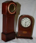 An inlaid mahogany miniature long case clock with timepiece movement and a small dome topped
