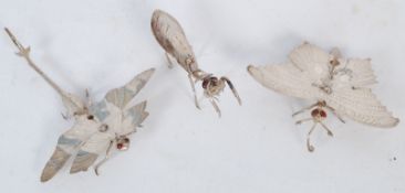 A set of 3 Indian 20th century silver white metal bugs. One a preying mantis, a dragonfly and a