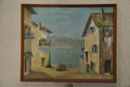 B Dawson 1962 Naive continental school harbour / seascape scene. Signed and dated to corner, framed
