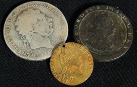 A George 3rd gold? guinea coin dated 1791 together with 2 other George 3rd coins, one dated 1797