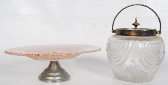 2 pieces of Art Deco glassware to include AkeCo silver rimmed and handled biscuit barrel