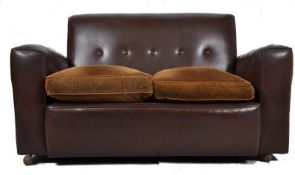 1930`s Art Deco faux brown leather sofa settee. Angular shaped frame with good upholstered faux