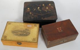 A 19th century Japanese laquered box with handpainted decoaration to the hinged lid. Together with