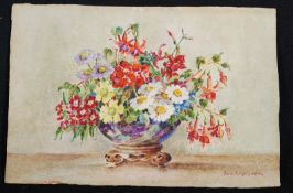 A miniature 19th century Chocolate box art painting, still life watercolour of flowers on card