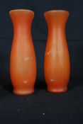 2 decorative 1970`s orange frosted studio glass vases. Bulbous bodies with waisted necks both