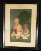 J Veales. Oil on board, early 20th century portrait of children playing with green background to