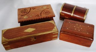 Four wooden boxes, all with brass inlay.