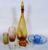 A collection of studio glass to include large hand blown Italian twist bottle, pearlescent bowl