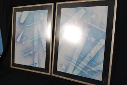 Catherine Ruane. A pair of mixed media glass mounted and framed  abstact paintings both entitled