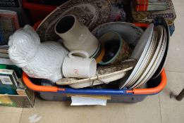 A mixed box of china to include Victorian and modern, Staffordshire style spaniel dog, transfer