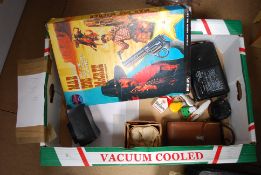 A mixed lot to include vintage Mad Dog McCree cowboy western game, retro radio and amp meter etc