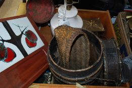 A mixed lot to include a West German mantel clock, vintage woven basket, a box of flatware etc.