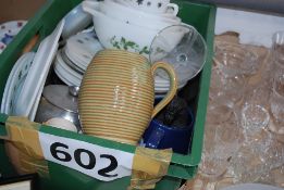 A mixed box to include Pyrex glassware and vintage china.