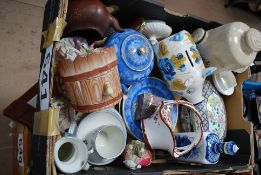 A good selection of china to include a 19th century trinket box, novelty money box, china basket