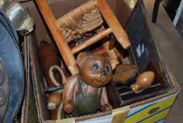 A box of wooden wares to include childs chair, teddy, skipping rope etc.