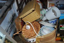 A large mixed box of china and copper wares etc