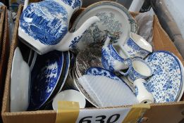 A box of blue and white to include plates, cups, saucers, teapot etc
