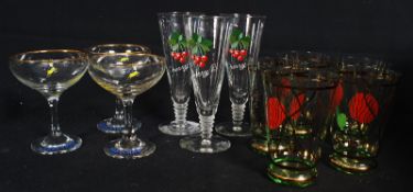 A quantity of retro glasses to include 3 Babycham glasses, 3 Cherry B glasses and a set of others.