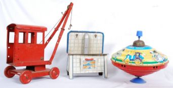 A vintage tin plate toy crane along with a Chad Valley spinning top and a MFZ dolls house range