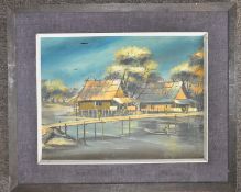 A 1950`s framed and glazed oil on canvas of an African river house scene. Signed to lower corner