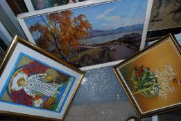 Two vintage 1970`s prints along with a signed oil on board of butterflies, and other prints etc.