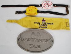Railway items to include 3 armbands and a Bristish Rail train plate