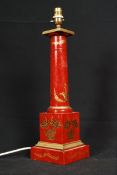 A 20th century table lamp painted in the Japanese chinoserie style having inverse tapered central