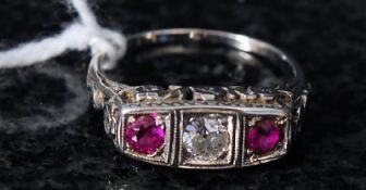 A white gold ruby and diamond set ring. 3.5g