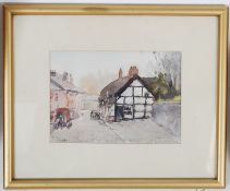 T. Miller (20th century) quaint watercolour of cottage village scene. Signed to lower corner. 12cm