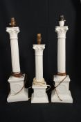 3 mid 20th century Italian porcelain neo classical corinthium column table lamps raised on square