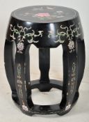A decorative oriental ebonised chinese stool, with hand painted decoration. 45cms high x 33cms