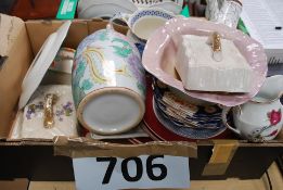 A box of mixed china to include butter dishes, Royal Venton fruit bowl, earthenware, inhaler etc.