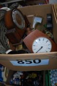 A large box to contain copper and brass items, chargers, horse brasses along with some clocks