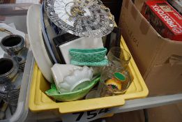 A mixed lot to include stoneware bed warmer, tankard, commemorative cups, Midwinter leaf dish, boxed