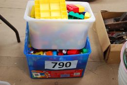 2 boxes of oversized childrens Lego building blocks  to include some duplo cars, trailers figures