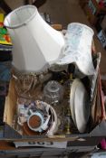 A box to include table nlamps, glass ware and china.