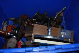 A crate of vintage tools to include Dyname light, drills, scalextric transformer, coffee grinder