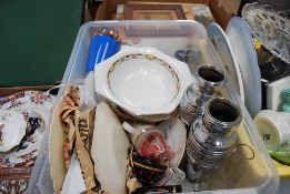 A box to include decorative plates, vases, silver plate vases and other items.