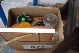 A box to include apothecary jars, bird figurines, a chicken crock pot etc