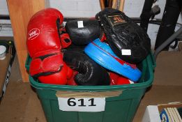 A selection of boxing gloves, head protectors and other boxing related items (as illustrated)