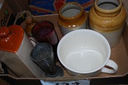 A large stoneware flagon together with 2 stoneware open top jars and 2 smaller stoneware cider