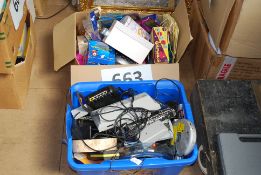 2 boxes to include computer accessories, games, kitchen wares, tins etc