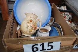 A Staffordshire wash bowl, Arthur Wood jug, blue and white platter etc.