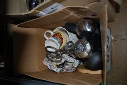 A box to include silver plate items, candle holders, ceramics, glasswares etc.