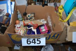 A box of ceramics including figurines , glass ship in a bottle, three lamps and 2 fire irons