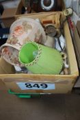 A box of assorted items to include stoneware hot water bottles, light fittings, bed pan etc