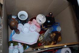 A mixed box to include 1960's fabrics, silver plate items, Canadian made swan, glasswares,