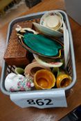 A box to include a Sadler yellow racing car teapot, Sylvac trinket pot, period Masons china,