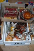 An assorted box to include vintage wooden plane, teapots, glass wares etc.